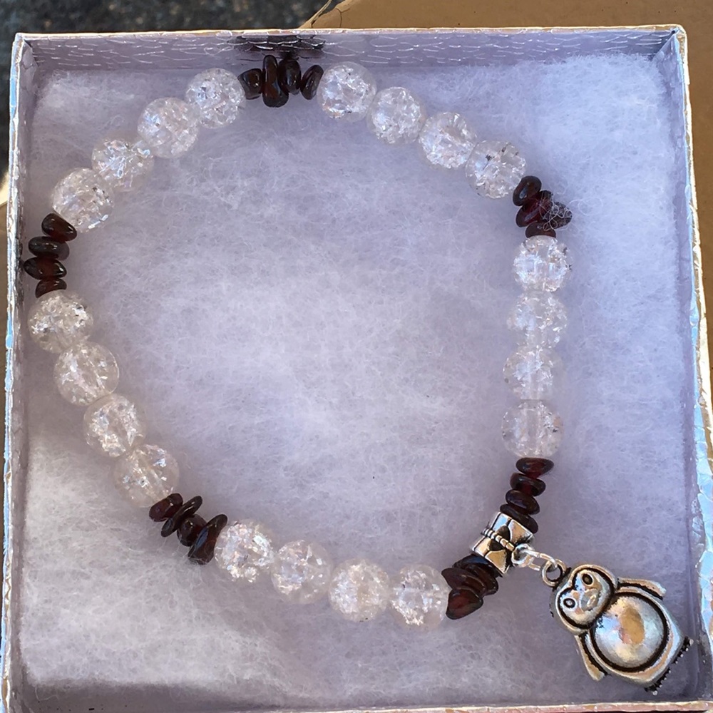 White Sparkly Glass Red Garnet Penguin Bracelet
